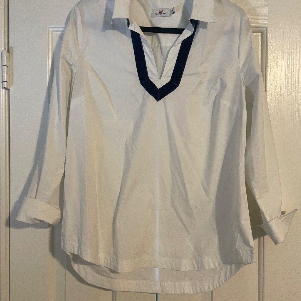 White Tunic W/ Blue Velvet Collar